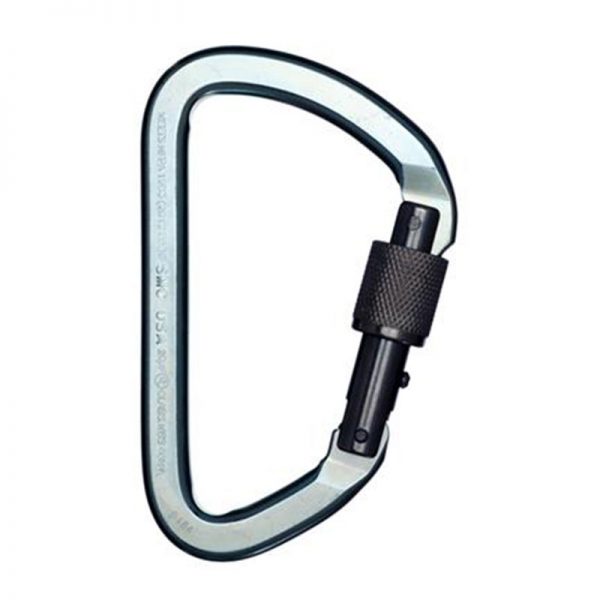 A black carabiner on a white background.