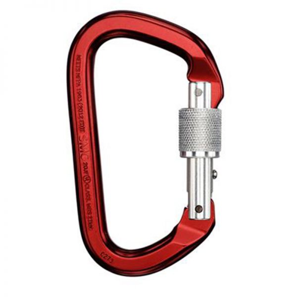 A red carabiner on a white background.