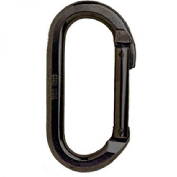 A black carabiner on a white background.