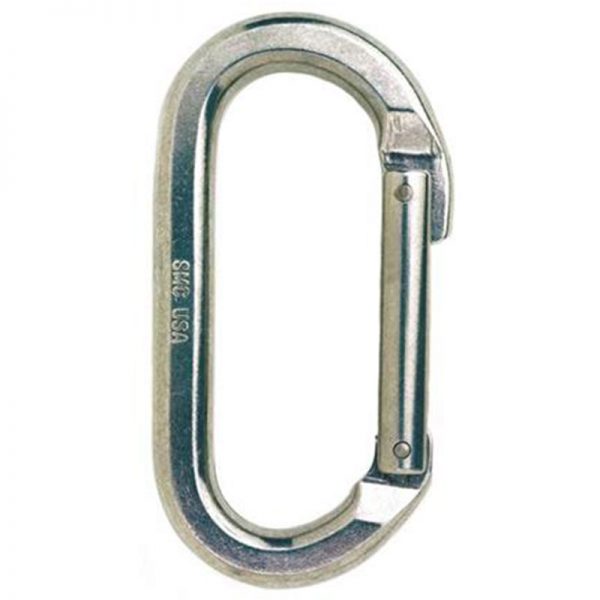 A close-up of a silver carabiner.