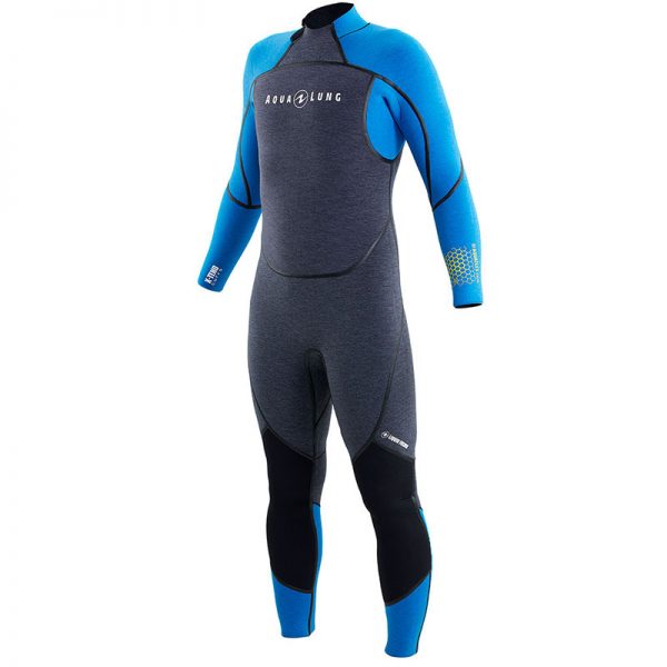 A blue and black wetsuit on a white background.