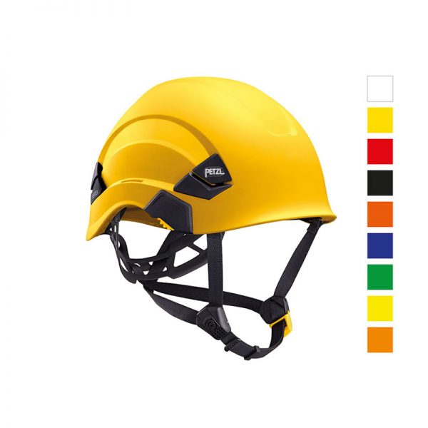 A yellow VERTEX® CUSTOM safety helmet with different color options.