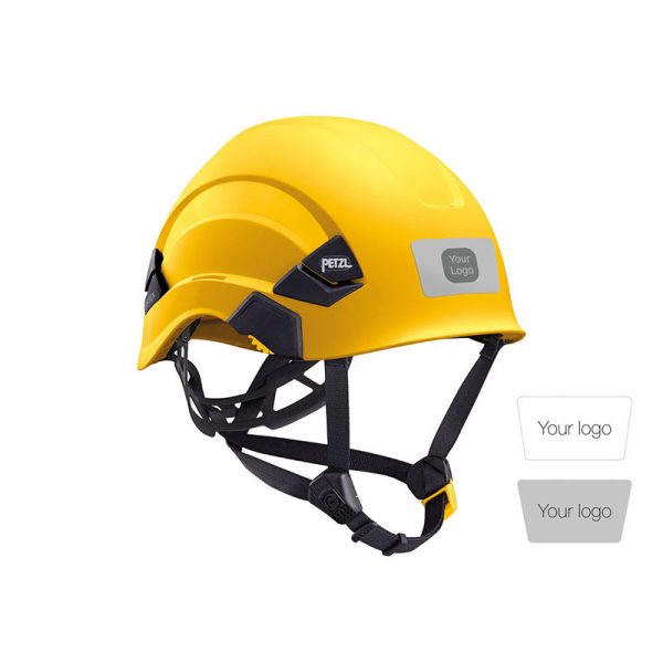 A yellow VERTEX® CUSTOM helmet with straps.