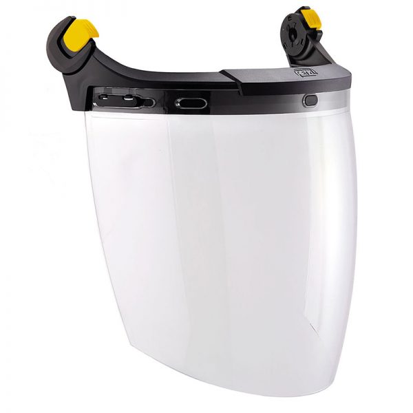A safety visor with yellow handles on a white background.
