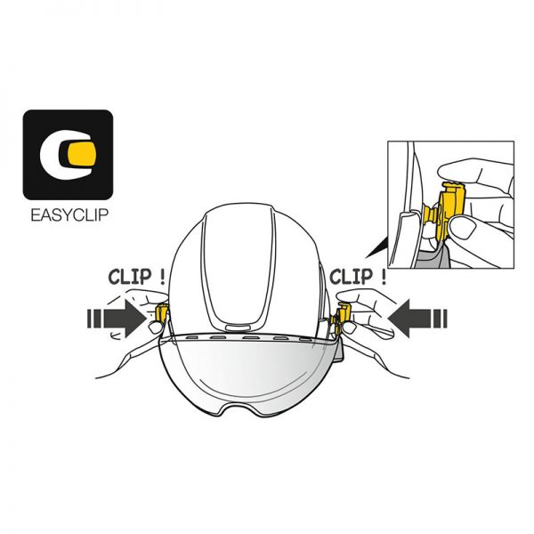 A diagram showing how to attach a clip to a helmet.