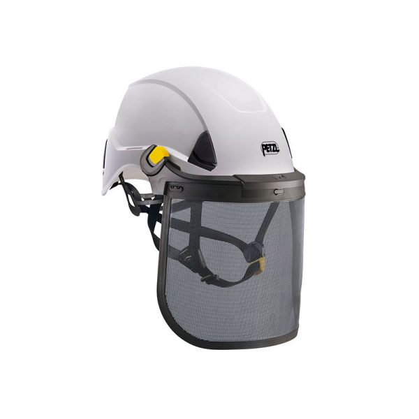 A white helmet with a visor on it.