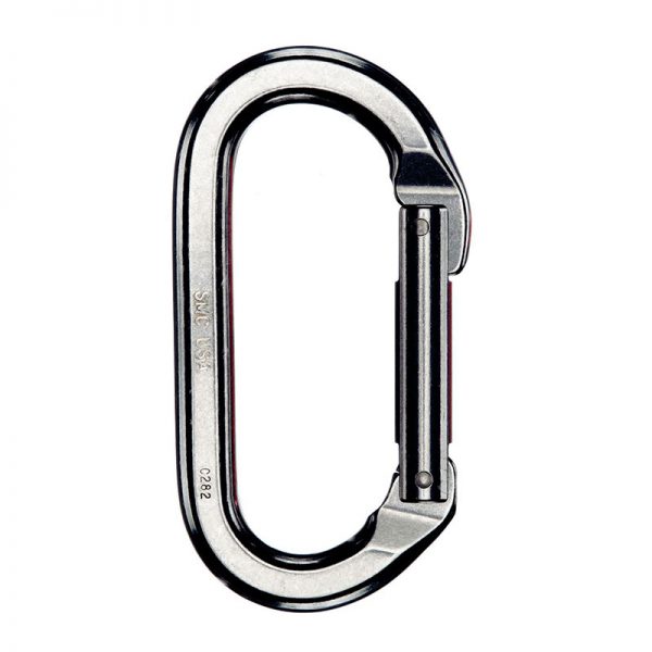 An image of a carabiner on a white background.