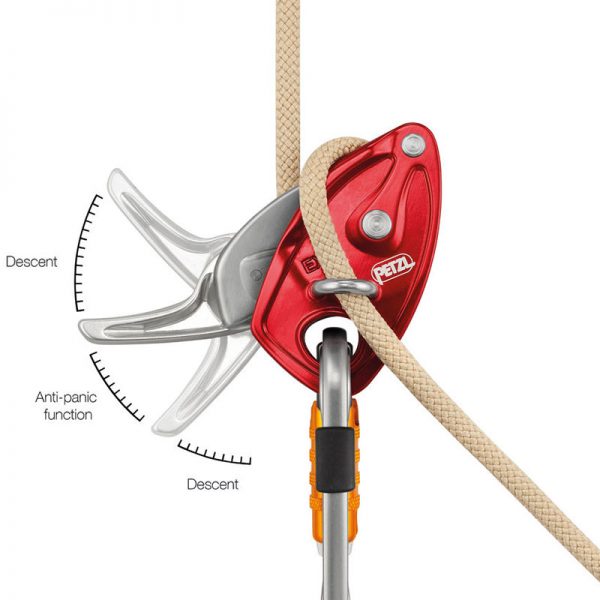 A diagram of a climbing EXO® AP HOOK with a red rope attached to it.