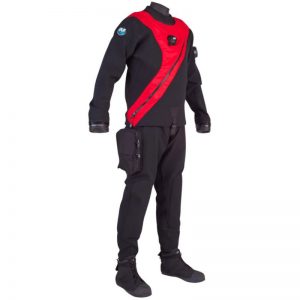 A black and red CF200X DRYSUIT on a mannequin.