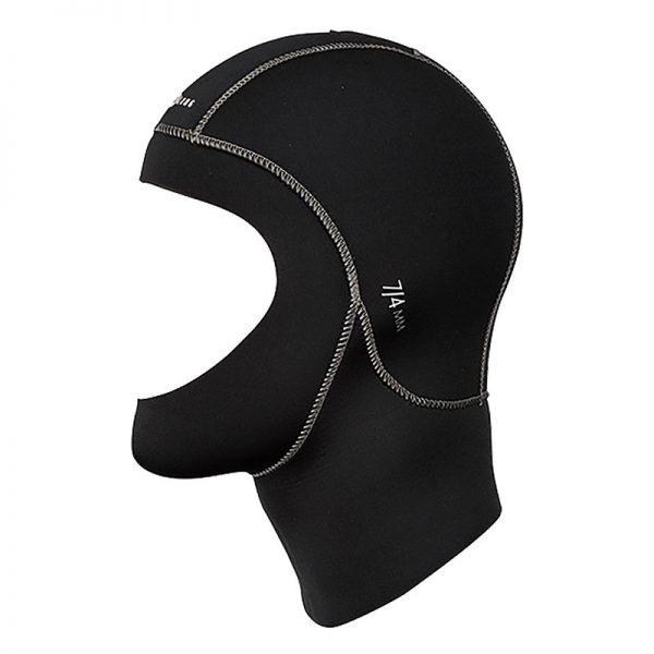 A black neoprene hood with a zipper.
