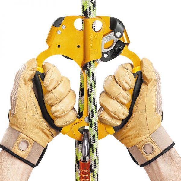 A pair of hands holding a rope and a carabiner.