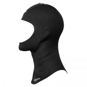 A black hooded wetsuit on a white background.