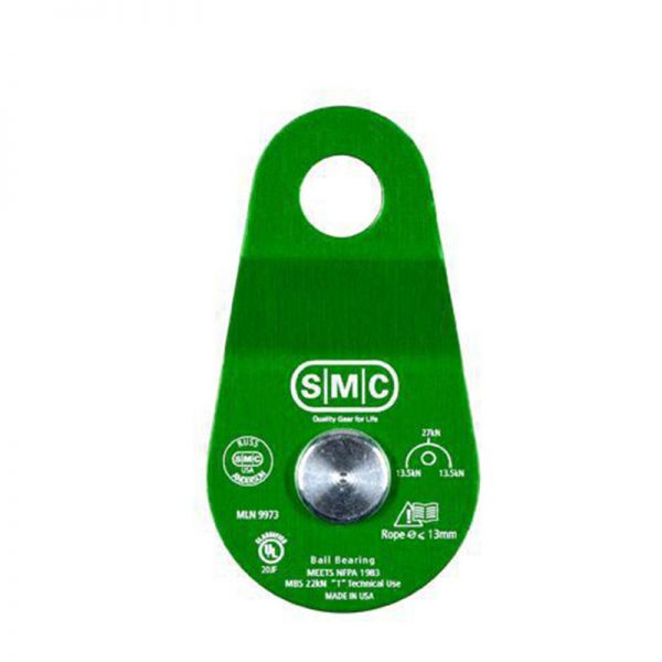 A green 2" SMC/ RA Aluminum Pulley, Single hook on a white background.