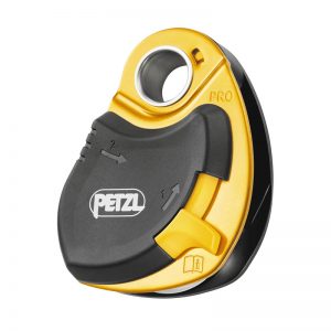 A yellow and black PRO TRAXION carabiner on a white background.
