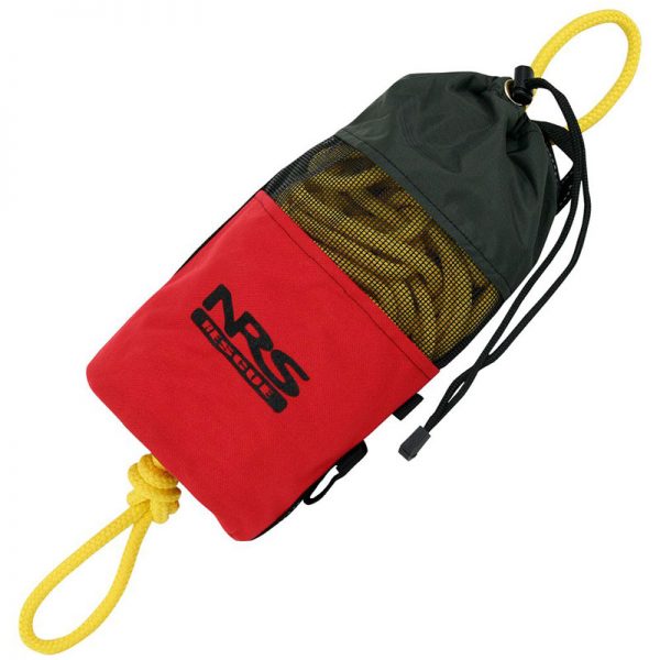 A red and yellow rope bag with a rope attached to it.