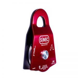 A red 2" SMC/ RA Aluminum Pulley, Single with the word smc on it.
