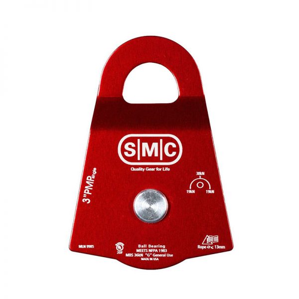 A red 2" SMC/ RA Aluminum Pulley, Single on a white background.