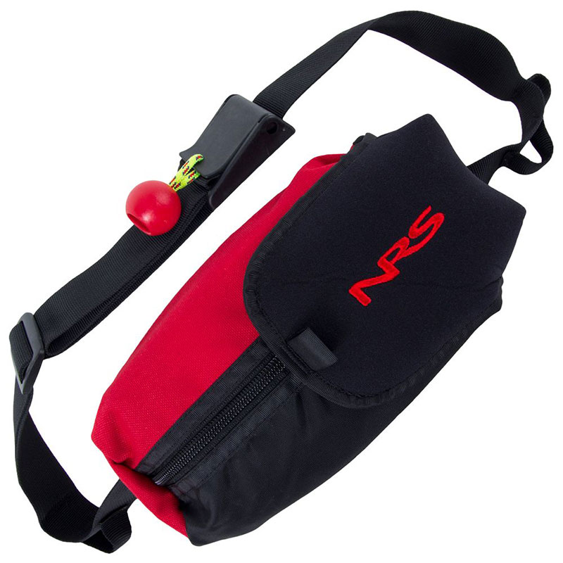 A red and black waist bag with an apple on it.