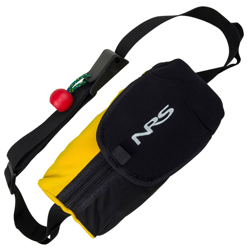 A yellow and black waist bag with a red ball on it.