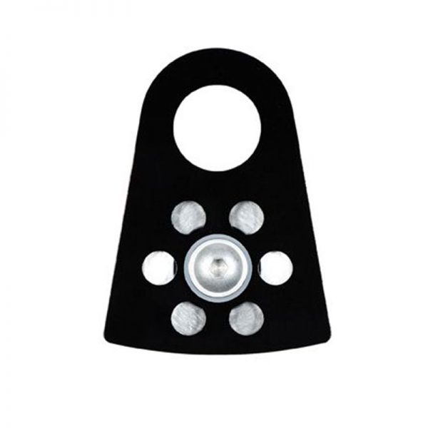 A black and white 2" SMC/ RA Aluminum Pulley, Single with four holes on it.