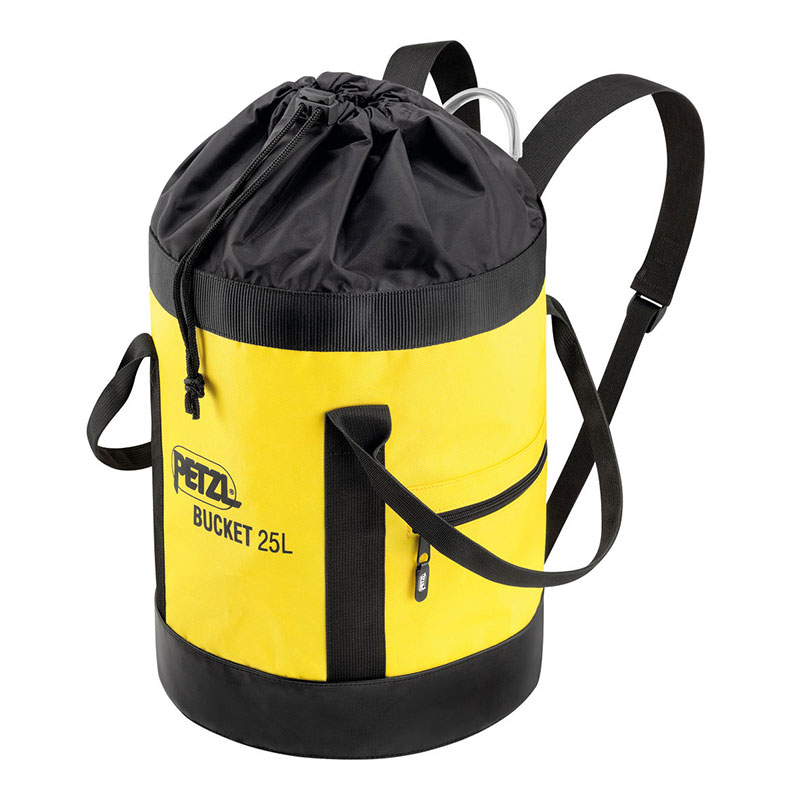 A yellow and black BUCKET with a handle.