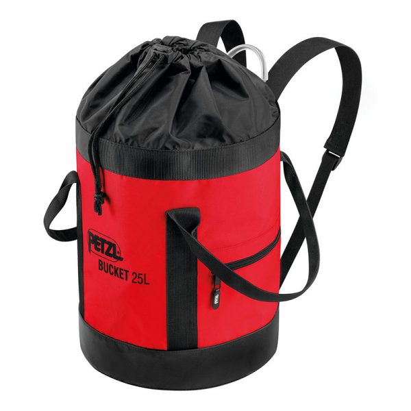 A red and black BUCKET with a drawstring.