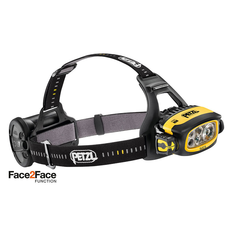A DUO S headlamp with a yellow and black strap.