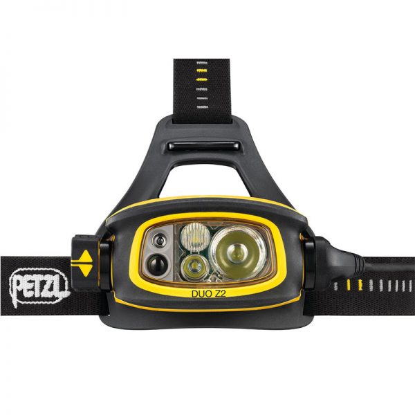 A yellow and black DUO S headlamp on a white background.