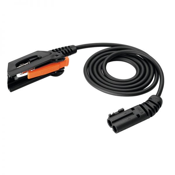 A black and orange DUO S cable with a plug attached to it.