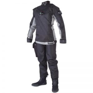 A black and grey CF200X DRYSUIT on a white background.