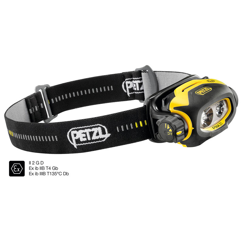 A headlamp with a yellow and black strap.