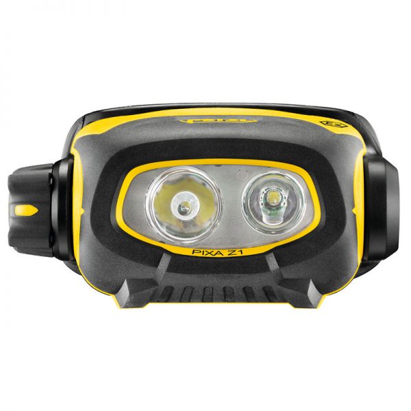 A yellow and black headlamp on a white background.