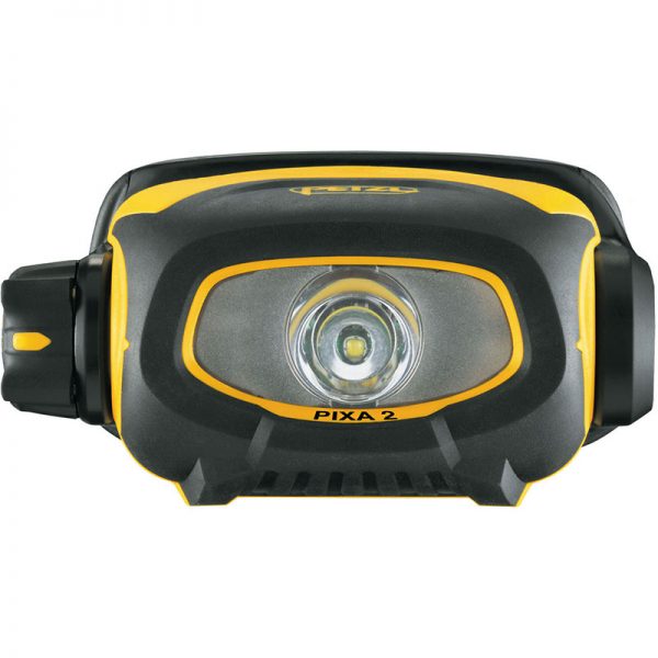 A headlamp with a yellow and black light.