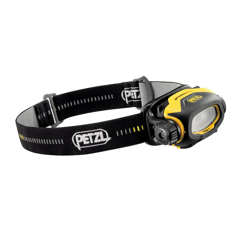 A yellow and black headlamp with a yellow strap.