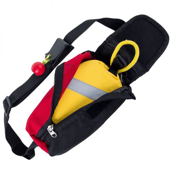 A red, yellow and black NRS Guardian Wedge Waist Throw Bag with a red and yellow bag.