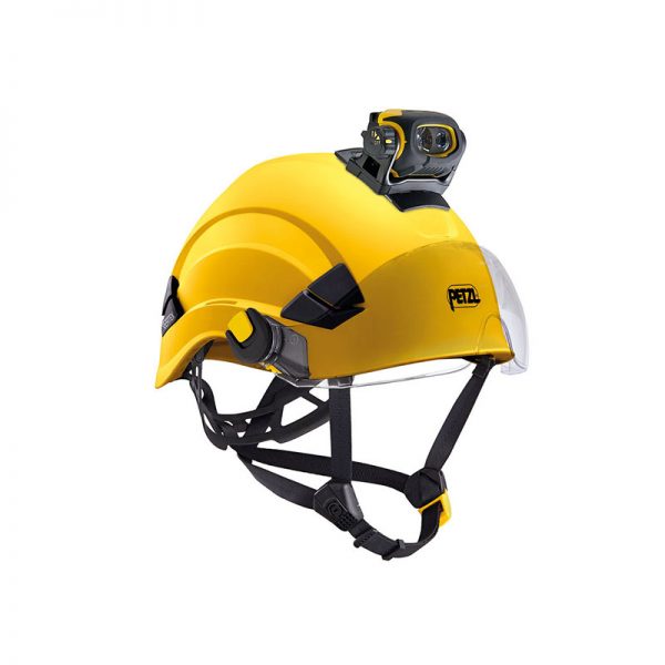A yellow POCHE PIXA® and SWIFT RL PRO helmet with a camera attached to it.