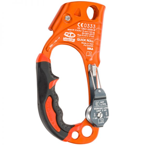 A orange and black carabiner on a white background.