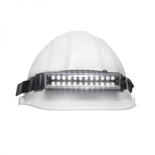 A white hard hat with led lights on it.