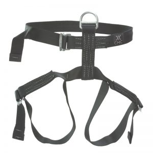 A black CMC climbing harness with two buckles.