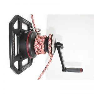 A black and red rope with a handle attached to it.