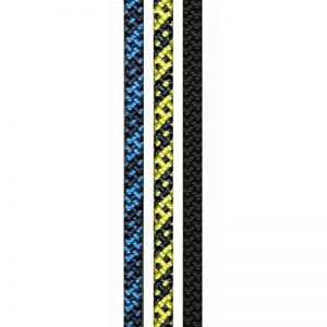 A black, yellow and blue 2mm x 100' rope with a yellow and blue design.