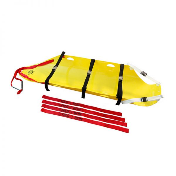 A yellow SKED RESCUE SYSTEM COBRA, ORG with red and black straps.