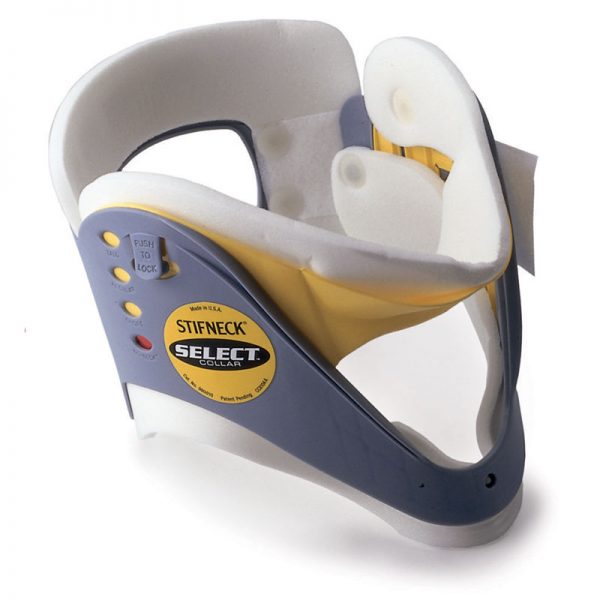 A blue and yellow SKED RESCUE SYSTEM COBRA cervical collar with a yellow strap.