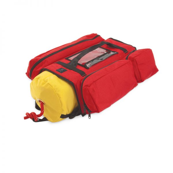 A red and yellow HEAVY RESCUE ORGANIZER, ORG, CMC duffel bag on a white background.