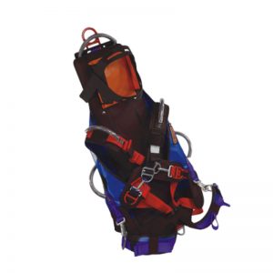A blue and orange harness on a white background.