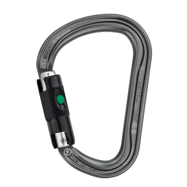 A black carabiner with a green handle.