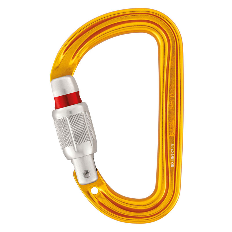A yellow carabiner on a white background.