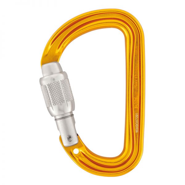 A yellow carabiner on a white background.