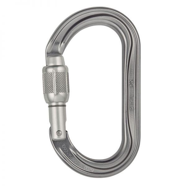 A stainless steel carabiner on a white background.