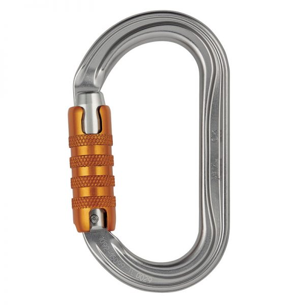 An orange carabiner on a white background.